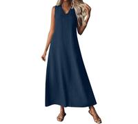 Generisch 2025 Leinenkleider für Damen, V-Ausschnitt, ärmelloses Maxikleid, lässiges, Schlichtes, langes, fließendes Sommerkleid für Strand und Urlaub
