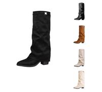 Generisch 2025 Stiefel Damen Shark Boots - Slouchy Weitschaftstiefel Cowboy Hohe Bequemer Spitzer Zehenbereich Plateauabsatz Langschaft Knee High Winter Warme Leder Mode Komfort Dressy Gr. 37-42