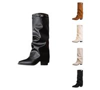 Generisch 2025 Stiefel Damen Shark Boots - Slouchy Weitschaftstiefel Cowboy Hohe Bequemer Spitzer Zehenbereich Plateauabsatz Langschaft Knee High Winter Warme Leder Mode Komfort Dressy Gr. 37-42