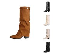 Generisch 2025 Stiefel Damen Shark Boots - Slouchy Weitschaftstiefel Cowboy Hohe Bequemer Spitzer Zehenbereich Plateauabsatz Langschaft Knee High Winter Warme Leder Mode Komfort Dressy Gr. 37-42