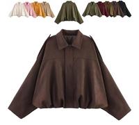 Generisch 2025 Womens Faux Suede Bomber Jacket Lapel Collar Zip Front Coat Long Sleeves Trendy Y2K Streetwear Outerwear (Coffee,L)