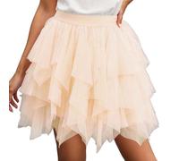 Generisch 2026 Asymmetrischer Kurzrock Mesh mit hoher Taille voluminösem Sommerdesign (Beige, L)