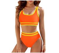 Generisch 2026 Badeanzug Damen-Bikini-Sets mit hoher Taille, sportlicher Zweiteiliger Badeanzug, Farbblock-Badeanzüge mit hohem Schnitt (Orange, L)