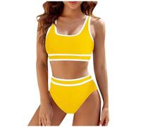 Generisch 2026 Badeanzug Damen-Bikini-Sets mit hoher Taille, sportlicher Zweiteiliger Badeanzug, Farbblock-Badeanzüge mit hohem Schnitt (Yellow, L)