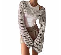 Generisch 2026 Badeanzug europäische amerikanische Ausschnitt-Strickwaren-Volltonfarben-Rundhalsausschnitt-Langarm-Strickwaren-Bluse für Damen (White, M)