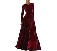 Generisch 2026-Elegantes langärmliges Samtkleid im Westernstil für die Freizeit im Herbst und Winter mit passendem Stoffgürtel weiches Material Bequeme Passform (Red M)