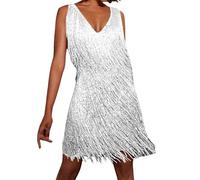 Generisch 2026 Fransenkleid im 70er Jahre Stil Damen Minikleid mit V-Ausschnitt für Partys Disco Abende (White, XXL)