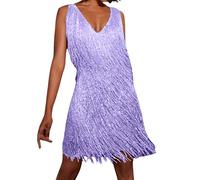 Generisch 2026 Fransenkleid im 70er Jahre Stil Damen Minikleid mit V-Ausschnitt für Partys Disco Abende (Purple, S)