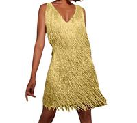 Generisch 2026 Fransenkleid im 70er Jahre Stil Damen Minikleid mit V-Ausschnitt für Partys Disco Abende (Gold, XL)