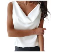 Generisch 2026 Kostüm Damen Damen Tank Tops Seidensatin mit Wasserfallausschnitt, lässig, ärmellos, Camisole-Blusen, Sommer, Basic, lockeres Hemd (White, L)