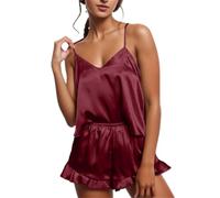 Generisch 2026 Neu Damen-Pyjama-Set Seidensatin mit Rüschen, Shorts-Sets, Nachtwäsche, Satin-Pyjama, Shorts-Set, Nachtwäsche, Pyjama-Set (XXL)