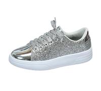 Generisch 2026 Neu Frühling Trendige lässige Dicke Sohlenschuhe helle Gesicht Mode Damenschuhe Low Top Lace Up Flache Schuhe Paar Trendige Schuhe (Silver, 43)