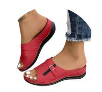Generisch 2026 Neuzugänge Hausschuhe Keilsandalen für Damen mit Schnalle Modische leichte Slip-On-Schuhe für Damen (Red, 42)