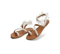 Generisch 2026 Orthopedic Summer Dressy Sandals Flats Pearl And Rhinestone Boho Sandals For Women Flops Elegant Bridal Sandal Bohemian Lace Flower Beach Flip (White,38)