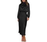 Generisch 5 Euro Artikel Cocktailkleid Damen Sommer Abendkleid Damen-Kleid Aus Einfarbigem, Hochgeschlossenem Satin Mit Langen Ärmeln Und Eleganter, Schmaler Passform Kleider Damen Weihnachten