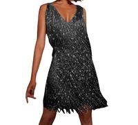 Generisch 60er 70er Jahre Bekleidung Damen Disco Outfit Glitzer Kleider Hippie Kostüm Festliche Kleider Sexy Glitzer Cocktailkleid Paillettenkleid Partykleid Schwarz XL