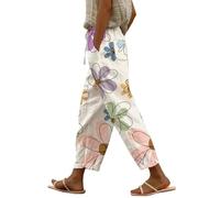 Generisch 7/8 Hose Damen Sommer Leicht Capri Leinenhose Sommerhose Baumwolle Leinen Stoffhose Lockere Lässig High Waist Strandhose Mit Taschen Freizeithose Elegant Haremshose Für Frauen