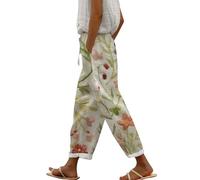 Generisch 7/8 Hose Damen Sommer Leicht Capri Leinenhose Sommerhose Baumwolle Leinen Stoffhose Lockere Lässig High Waist Strandhose Mit Taschen Freizeithose Elegant Haremshose Für Frauen