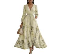 Generisch Abendkleider Elegant Für Hochzeit Cocktailkleid Damen Hochzeitsgast Chiffonkleid Sexy V Ausschnitt Winterkleid Damen Langarm Hohe Taille Blumen Kleid Lang Cocktail Kleider Maxi Dress