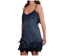 Generisch Abendkleider für Frauen Elegant Fransen Kleider Sexy Glitzer Federkleid mit Quaste Pailletten Ärmellos Partykleid Latein Rumba Tanzkleid Mini Wickelkleid Cocktailkleid