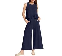 Generisch Ärmelloses Plissee-Tanktop für Damen, weites Bein, verkürzte Hose, lässiger Anzug Roter Hosenanzug (Navy, M)