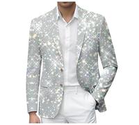 Generisch Anzug Fasching Herren Anzugjacken Sportlich Sakko Karneval Modern 1 Knopf Anzug Jacke Regular Fit Freizeit Blazer Business Anzugjacke 80er Jahre Glitzer Pailletten Smokingjacke, Silber, M