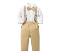 Generisch Baby Anzug Jungen Langarmshirt Tops Hose mit Krawatte Kind Kinder Gentleman Outfits Partykleid Kleidung 86 (Beige, 3-4 Years)