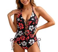 Generisch Badeanzug Damen Bauchweg Einteiliger Monokini Badeanzüge Strandmode für Frauen Bademode Swimsuit Sexy Tiefem V-Ausschnitt Badebekleidung Monokini Strandanzug Hawaii Boho