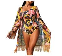 Generisch Badeanzug Shape Damen, Fresh Beach Sun Chiffon Cover Damen Mode Blatt Top Print Bademode Tankinis Set