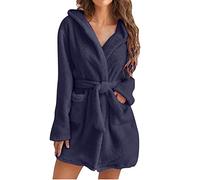 Generisch Bademantel Damen Flauschige Fleece Warm Pyjama Kurz Leicht Sexy Morgenmantel mit Taschen und Gürtel Weiche Kimono Schlafanzug Robe für Zuhause Wellness & Urlaub (01-2-Navy, M)