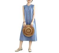 Generisch Baumwoll Leinen Kleid für Damen Ärmellos Langes Hemdkleid mit Knöpfen Damen Sommerkleid Midi Länge Sommerkleid Im Boho Stil Strandkleid Elegantes Büro und Freizeitkleid Blau Größe M