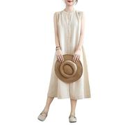 Generisch Baumwoll Leinen Kleid für Damen Ärmellos Langes Hemdkleid mit Knöpfen Damen Sommerkleid Midi Länge Sommerkleid Im Boho Stil Strandkleid Elegantes Büro und Freizeitkleid Leinenfarbe S
