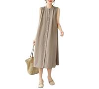Generisch Baumwoll Leinen Kleid für Damen Ärmellos Langes Hemdkleid mit Knopfleiste Sommerkleid Midi Länge Boho Stil Strandkleid Elegantes Büro und Freizeitkleid Graubraun Größe S