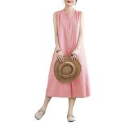 Generisch Baumwoll Leinen Kleid für Damen Ärmellos Langes Hemdkleid mit Knopfleiste Sommerkleid Midi Länge Boho Stil Strandkleid Elegantes Büro und Freizeitkleid Rosa Größe L