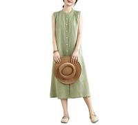 Generisch Baumwoll Leinen Kleid für Damen Ärmellos Langes Hemdkleid mit Knopfleiste Sommerkleid Midi Länge Boho Stil Strandkleid Elegantes Büro und Freizeitkleid Nebelgrün XL