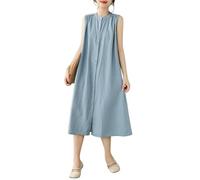 Generisch Baumwoll Leinen Kleid für Damen Ärmellos Langes Hemdkleid mit Knopfleiste Sommerkleid Midi Länge Boho Stil Strandkleid Elegantes Büro und Freizeitkleid Weiches Staubiges Blau XL