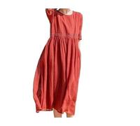 Generisch Baumwoll-Leinen-Kleider Damen Blumenstickerei Halbarm Rundhals, 2026 Sommer Locker Lässig Fließend Maxikleid für Strand Urlaub(Red,2XL)