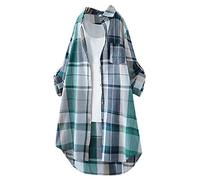 Generisch Blau Karohemd Damen Karierte, Oversized Hemdbluse Blusenjacke Sommerhemd Lange Festliche Longbluse Tracht Trachtenbluse Lässig Outdoor M