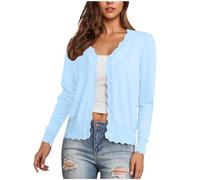 Generisch Blaue Strickjacke Damen Damen Strickjacke mit V-Ausschnitt & Knopfleiste - Lange Ärmel, Rippstrick & Scallop-Details, Leicht & Locker - Cardigan für Freizeit & Büro Hellblau