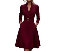Generisch Blazer Kleid Damen Aufbauen Mit Gürtel Langarm Nkleid Geschäftskleider Damen Elegant Business Kleid Mit V-Kragen Kleid (DE/NL/SE/PL, Alphanumerisch, M, Regular, Regular, Weinrot)