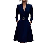 Generisch Blazer Kleid Damen Aufbauen Mit Gürtel Langarm Nkleid Geschäftskleider Damen Elegant Business Kleid Mit V-Kragen Kleid (DE/NL/SE/PL, Alphanumerisch, XL, Regular, Regular, Marine)