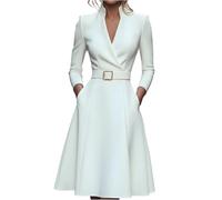 Generisch Blazer Kleid Damen Aufbauen Mit Gürtel Langarm Nkleid Geschäftskleider Damen Elegant Business Kleid Mit V-Kragen Kleid (DE/NL/SE/PL, Alphanumerisch, L, Regular, Regular, Weiß)