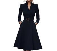 Generisch Blazer Kleid Damen Aufbauen Mit Gürtel Langarm Nkleid Geschäftskleider Damen Elegant Business Kleid Mit V-Kragen Kleid (DE/NL/SE/PL, Alphanumerisch, M, Regular, Regular, Schwarz)