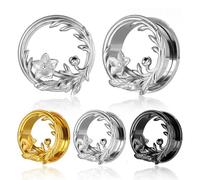 Generisch Blumen-Plug für Stretch Ohr - Doppelfluter Sattelstecker Edelstahl mit Blütenguss - Metall/Gold/Schwarz 8-25mm