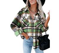 Generisch Bluse Damen,Flanell-Karohemd Für Damen, Mit Kragen, Langen Ärmeln, V-Ausschnitt, Button-Down-Blusen, Oberteile Mit Taschen, Übergroße Karierte Shackets-Jacke Aus Wollmischung, Grün, M