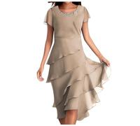 Generisch Blusenkleid Damen, Chiffonkleid Damen Rundhals Sommerkleid Strand Hochzeitsgast Kleid Sommer Kurzärm Wickelkleid Leicht Elegant Maxikleid Chiffon Strandkleid Lange Boho Frühlingskleid