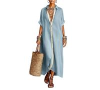 Generisch Blusenkleid Damen Lang Musselin Kleid Elegant Sommerkleid Damen Leicht Und Luftig Hemdkleid mit Knopfleiste Maxikleid Kurzarm Locker Strandkleid Baumwolle Leinen Hemdblusenkleid
