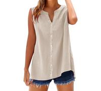 Generisch Blusenshirt Damen Sommer Ärmellose Leinenbluse Elegante Knöpfen V-Ausschnitt Einfarbig Baumwolle Leinen Tank Top Grosse Grössen Longbluse für Strand