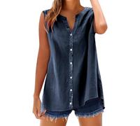 Generisch Blusenshirt Damen Sommer Ärmellose Leinenbluse Elegante Knöpfen V-Ausschnitt Einfarbig Baumwolle Leinen Tank Top Grosse Grössen Longbluse für Strand