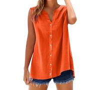 Generisch Blusenshirt Damen Sommer Ärmellose Leinenbluse Elegante Knöpfen V-Ausschnitt Einfarbig Baumwolle Leinen Tank Top Grosse Grössen Longbluse für Strand